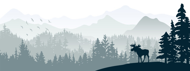 Silhouette of moose on hill. Tree in front, mountains and forest in background. Magical misty landscape. Illustration, horizontal banner.