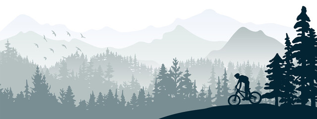 Silhouette of mountain bike rider in wild nature landscape. Mountains, forest in background. Magical misty nature. Gray illustration.
