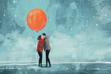 man and woman kissing as balloon floats above