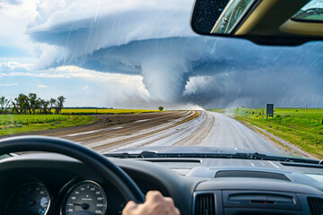 Storm chaser driving towards tornado, driver's view from car through windshield, extreme weather