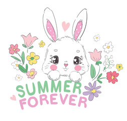 Obraz na płótnie Canvas Vector Cute little Bunny and flowers hand drawn, kids print. Summer forever