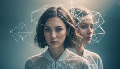 Two women connected with network, symbol unity and communication. For concepts of connectivity, technology, and unity, futuristic, network related designs. - obrazy, fototapety, plakaty