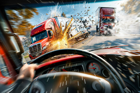 Accident with semi trucks, driver's view from car, intentional motion blur