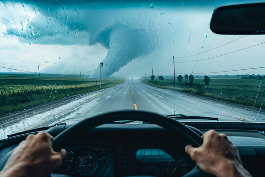 Driving towards tornado, driver's view from car through windshield, storm chasing
