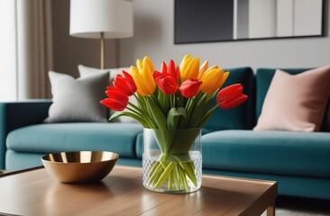 Spring mood, easter interior decoration, bouquet of tulips