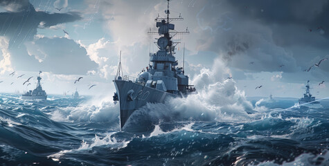 Battle ships moving to the surface of the water in the ocean - obrazy, fototapety, plakaty
