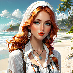As an 18-year-old with milky-white skin and fiery red hair, I love to express my boho vintage style. Today, I'm wearing a classy beach shirt against the backdrop of a beautiful white beach setting. My