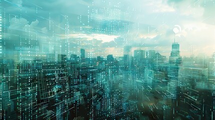 Futuristic city skyline merging with digital code, symbolizing business innovation and tech transformation