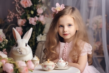 A Girl sit on chairs at a tea-time party, with bunny and flower decorations on the table