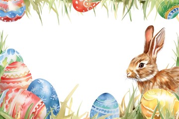 Fototapeta na wymiar Easter bunny, colorful eggs. Copy spice.