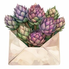 Fototapeta premium A bouquet of artichokes, spring purple flowers in a brown envelope, a greeting card.