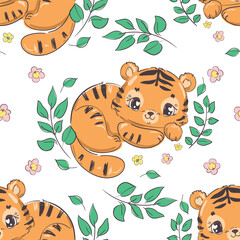 Hand drawn Cute Little Tiger Seamless pattern. Vector illustration stock. Print design for nursery, textile, wrapping paper, banner.