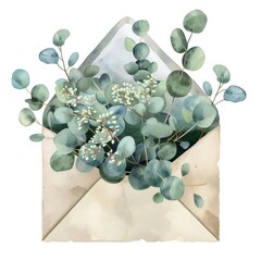 Bouquet of eucalyptus, delicate green, in a brown envelope, greeting card.