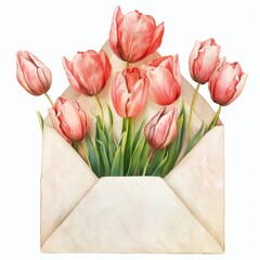 A bouquet of pink tulips, spring flowers in a brown envelope, a greeting card.