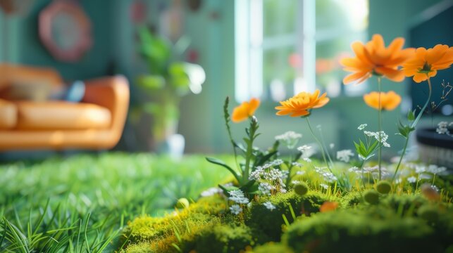 Comfortable colorful minimalist interior overgrown with grass and flowers. Sunlight from the window. Green lifestyle. A harmonious room with grass, flowers and plants inside.
