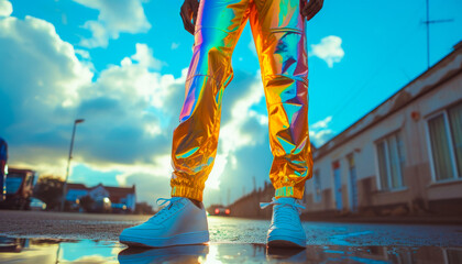 Iridescent Holographic Sportswear Tracksuit  Pants on Person Standing On Urban Street Pavement - obrazy, fototapety, plakaty