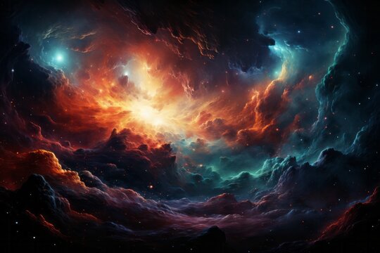 Vibrant painting of cumulus clouds in the atmosphere of a distant world