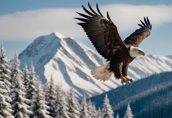 Obraz premium A landscape of snow-capped mountains with a majestic bald eagle hovering in the foreground among the evergreen trees at the foot of the hills.
