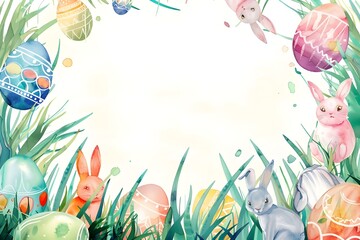 Easter colorful eggs and easter bunny on a watercolor background.