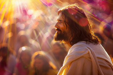illustration of jesus christ in white clothes and loving peaceful face teaching crowd, blurry people and colorful light rays in background