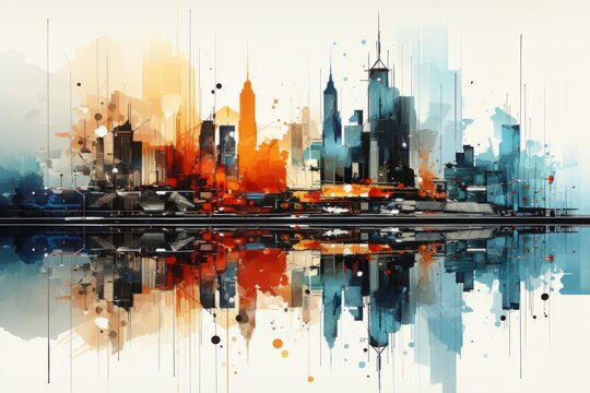 a painting of a city skyline reflected in a body of water