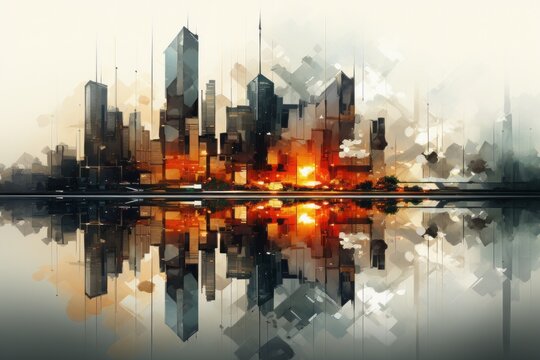 a painting of a city skyline reflected in a body of water