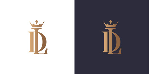 Letter D and L logo monogram with crown, minimal style identity initial logo mark. Golden gradient vector emblem logotype for business cards initials. Logo for singer and artists - obrazy, fototapety, plakaty