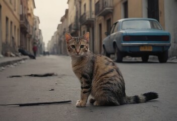 A group of stray cats in an old abandoned town, houses dilapidated, possibly after the war.