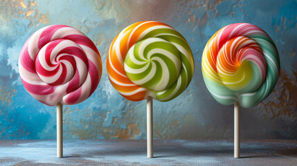 Three Lollipops Stacked on Top on a blue background