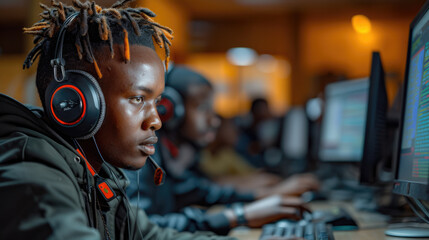 Young friendly operator agent with headsets working in a call centre.