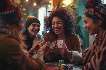joyful group of women playing cards and sharing laughter - obrazy, fototapety, plakaty