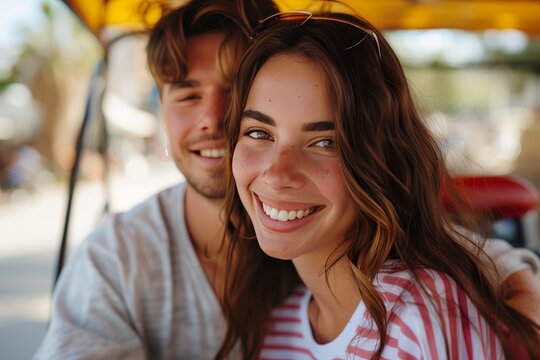 A joyful couple poses for a photograph, their beaming faces radiating happiness as they stand in the sun with their stylish clothing and beaming smiles, showcasing their warm laughter and natural bea