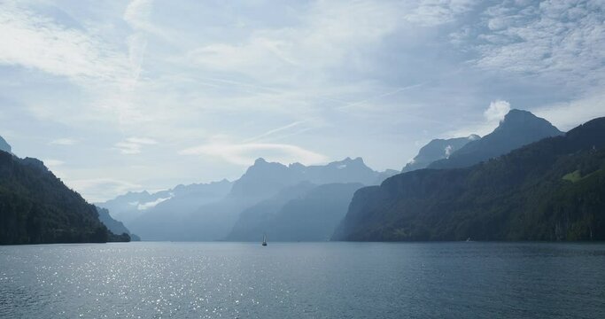  Lake of Lucerne in Swiss. Boat on the Urnersee. Left to right. Schliti, Ober-unter-Axen, Brichplanggenstock, Fedenstock, Ruchälplistock, Jakobiger, Hoch Geissberg, Gitchen, Urirotstock and Schlieren