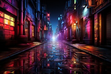 Fototapeta na wymiar City street at night with colorful lights reflecting in the wet pavement