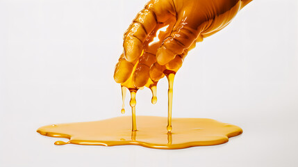 Woman's hand dripping with honey on a white background