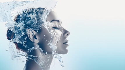 Double side profile of a young woman with a watersplash on her face. Facial refreshment. Taking care of facial hygiene. Stable white background.