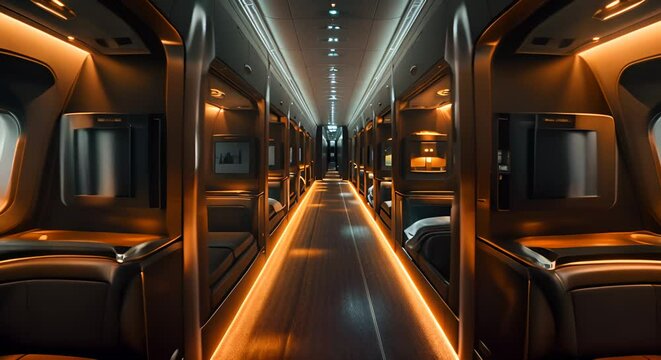 Interior of an airplane with a long corridor. 3d rendering