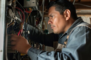 Hispanic HVAC Technician in His 40s Performing Furnace Maintenance - obrazy, fototapety, plakaty