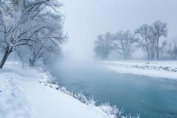 Obraz na płótnie Canvas Photo of winter river foggy weather