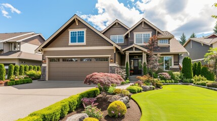 Inviting Front Yard: Brand-New Home with Stone Accents and Lush Landscape - obrazy, fototapety, plakaty