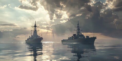 Battle ships moving to the surface of the water in the ocean - obrazy, fototapety, plakaty