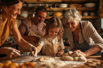 Multi-Generational Family Baking Together in Home Kitchen