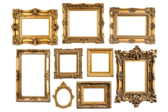Golden Vintage Picture Frames Collection Isolated on White Background