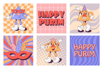 Purim holiday groovy greeting card design set with hamantaschen cookies funny retro cartoon characters. Vector illustration