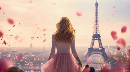 Young blonde-haired woman in a pink dress admiring the tower in Paris located in the background. Pink woman in Paris.