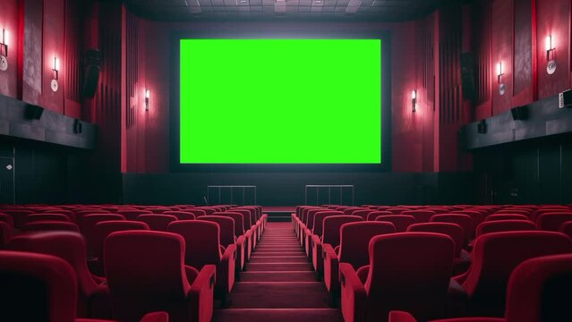 An empty movie theater room. Cinema interior with empty red seats and chroma key green screen