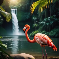 flamingos stands on the shore of the lake against the leaves of a palm tree. reflection in green water