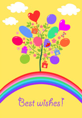 Funny greeting card for birthday celebration with rainbow and abstract blossoming tree, balloons, hanging gifts