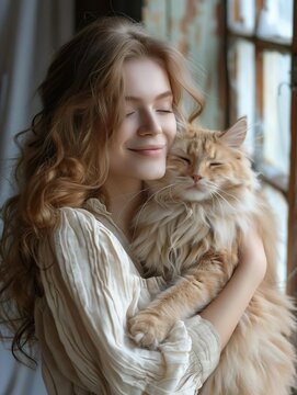 Attractive young woman lovingly hugs her cat.