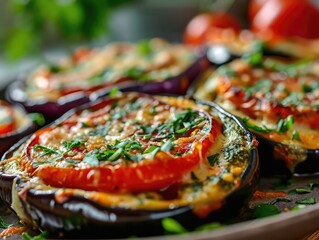 Baked Eggplants with Cheese, Tomatoes and Green Sauce, Italian Parmigiana with Grilled Aubergine